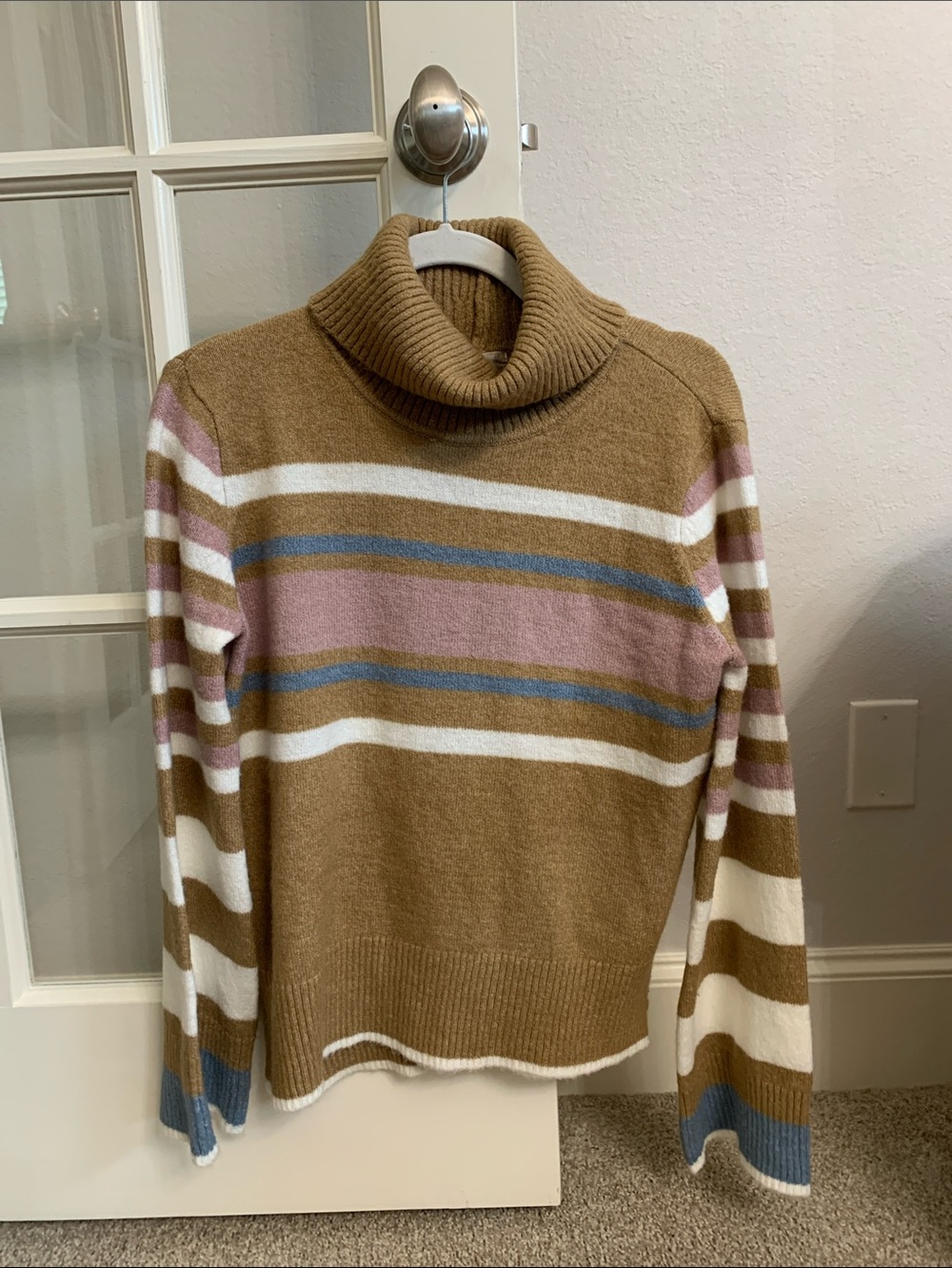 Altar'd State Camel Cowlneck Sweater with Pastel Stripe Accents